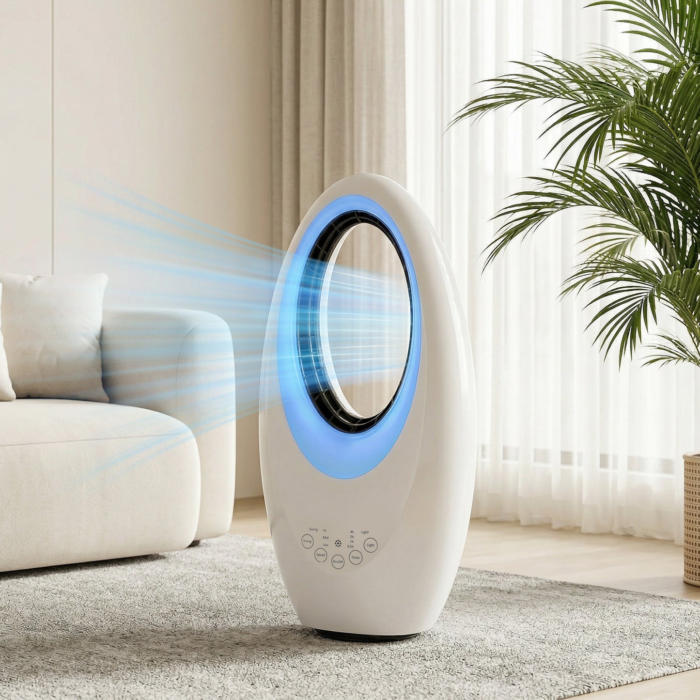 HOMCOM Bladeless Tower Fan, 36dB Standing Cooling Fan with 60° Oscillating, LED Lights, 3 Speeds, 7.5H Timer, Remote Control