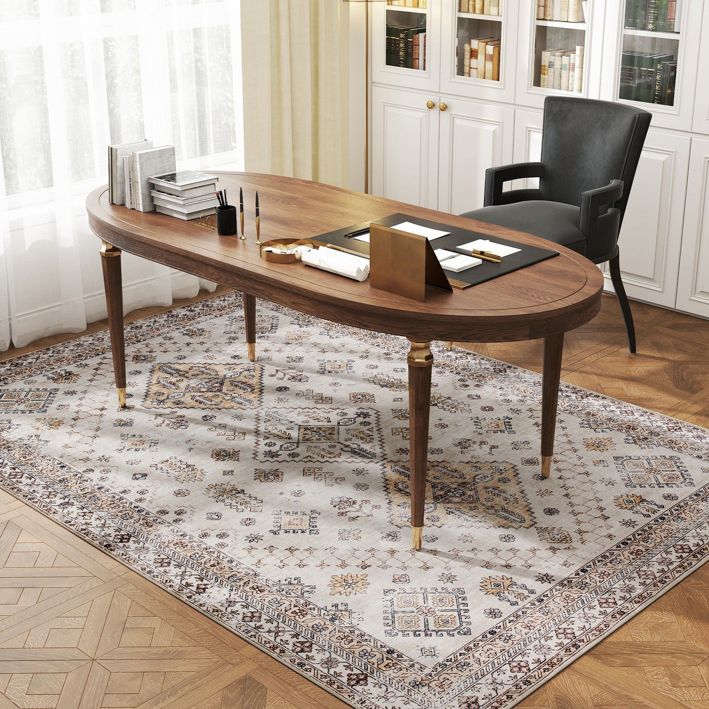 HOMCOM Vintage Area Rug, Non-Slip Washable Rug, Flannel Floor Carpet for Living Room, Bedroom, Dining Room, Home Office, 230 x 160 cm, Beige