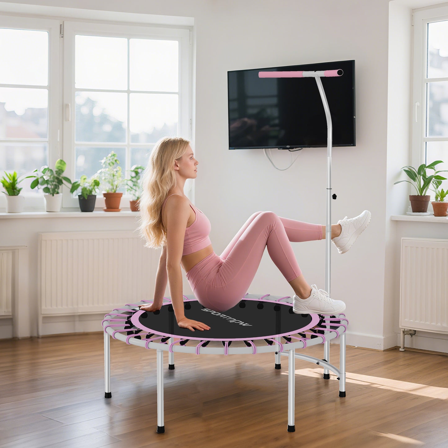 SPORTNOW 40" Fitness Trampoline, Mini Rebounder for Adults with 5-Level Adjustable Handle, Indoor Exercise, Max Load 100KG, Purple