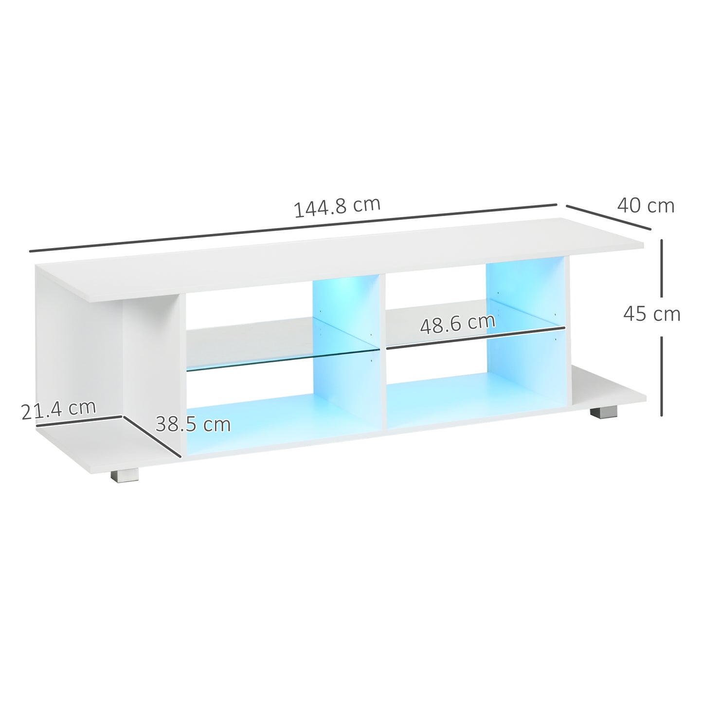 HOMCOM TV Stand 145cm Modern TV Unit with Glass Shelves RGB LED Light for 32 - 60 inch 4k TV White
