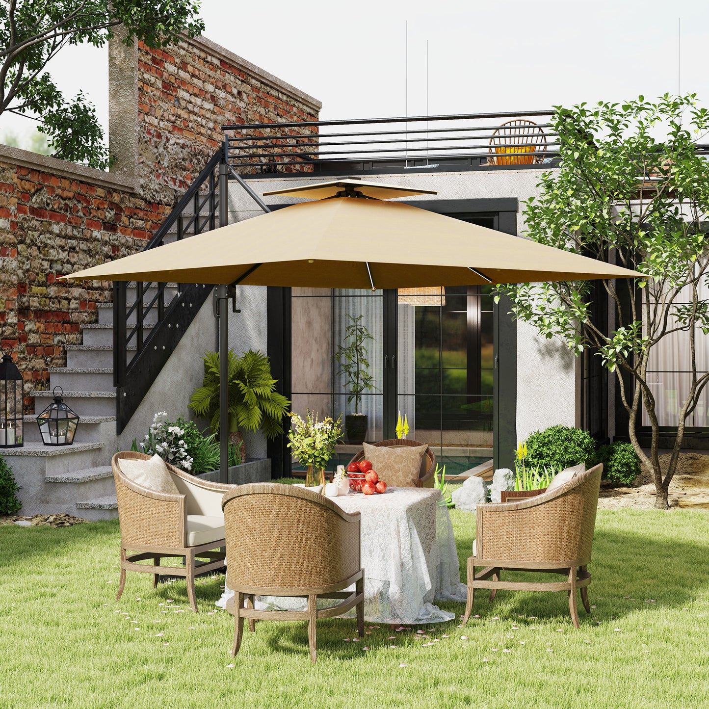 Outsunny 2.5m Cantilever Parasol with Solar Powered LED Lights, 360° Rotation, Tilt Adjustment, Crank Handle, Khaki