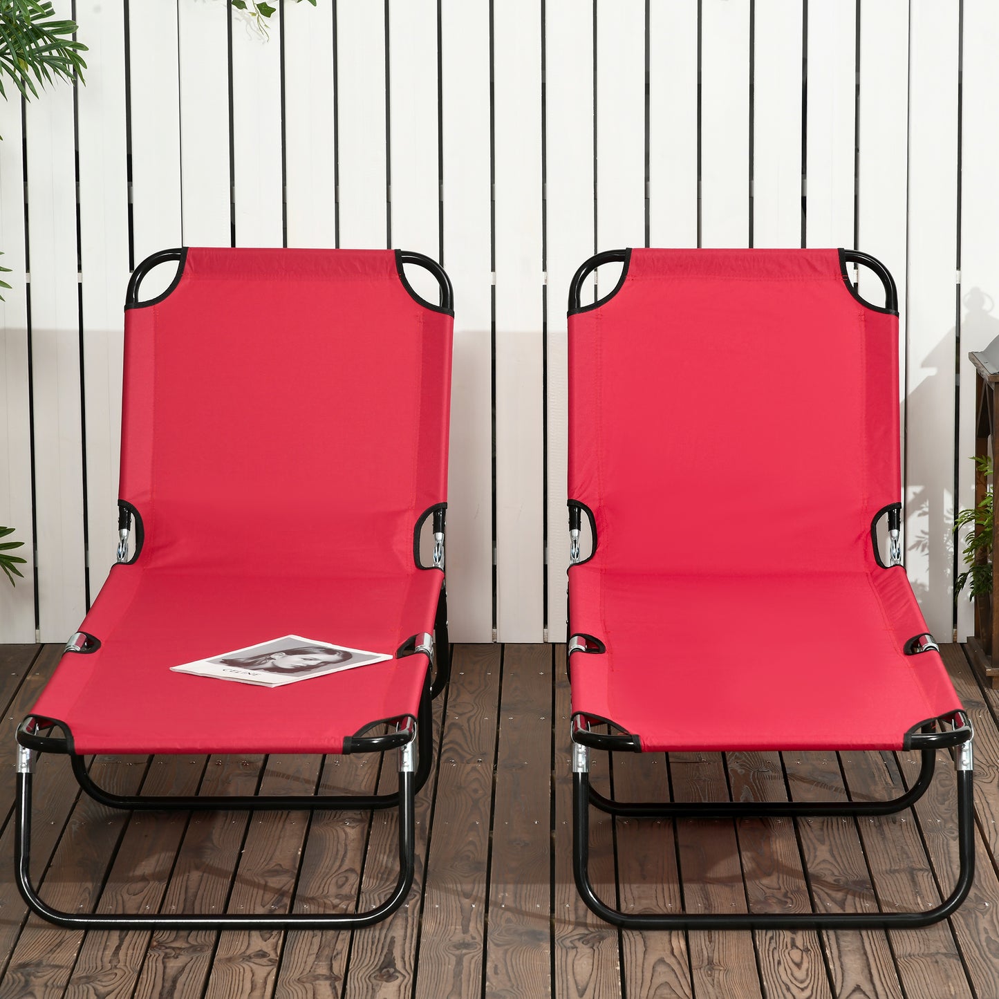 Outsunny Sun Loungers Set of 2, Adjustable Backrest Recliner Chairs for Beach, Patio, Wine Red