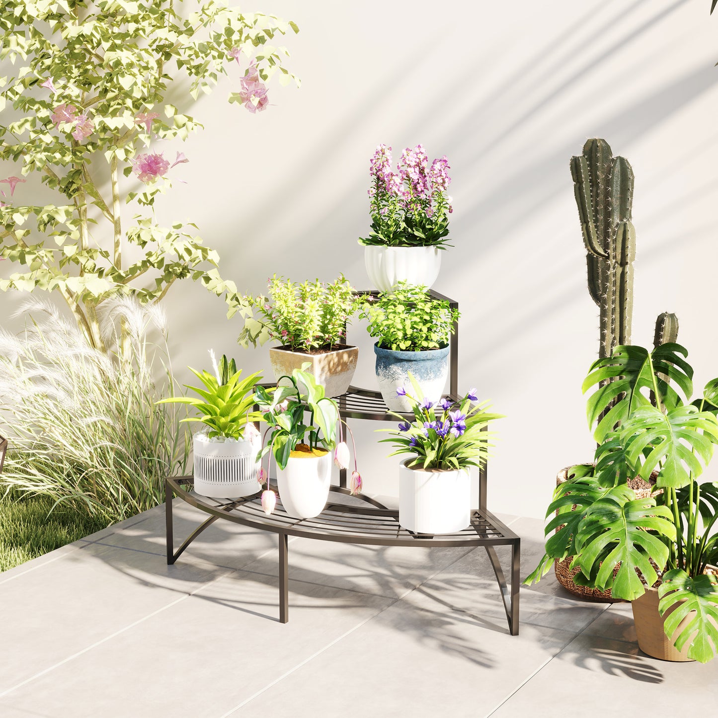 Outsunny 3 Tier Corner Plant Stand, Quarter Round Metal Plant Rack for Indoor Outdoor, Flower Pot Holder for Garden Balcony Patio, Black