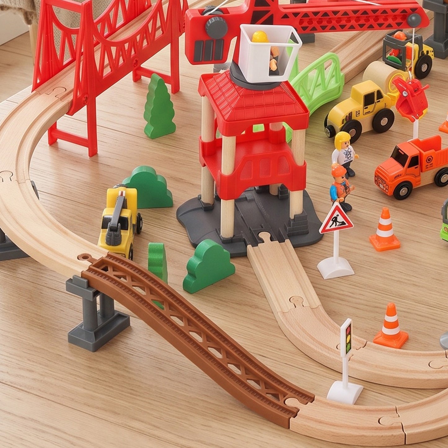 AIYAPLAY 91-Piece Wooden Train Set, Toy Train with Magnetic Crane, Sound Effects Track, for Kids Ages 3+