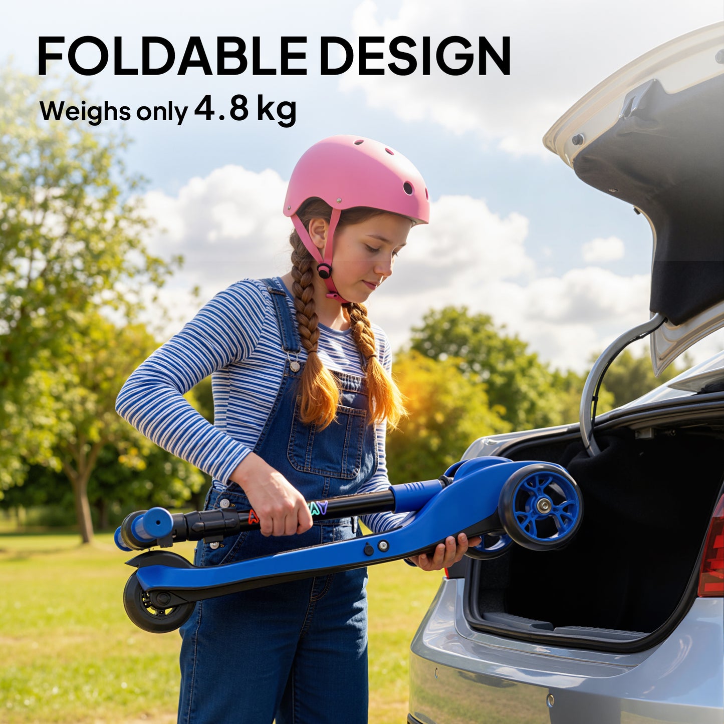 AIYAPLAY Three-Wheel Foldable Electric Scooter for Kids Aged 6-10 Years, Blue