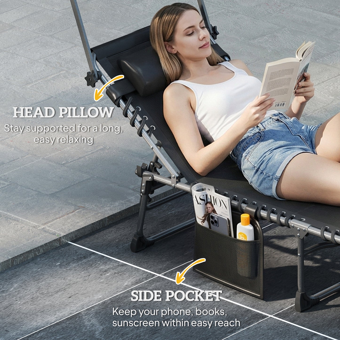 Outsunny Folding Sun Lounger with Canopy, Reclining Sunbed with Cushion, Side Pocket, Carrying Handle, Light Grey