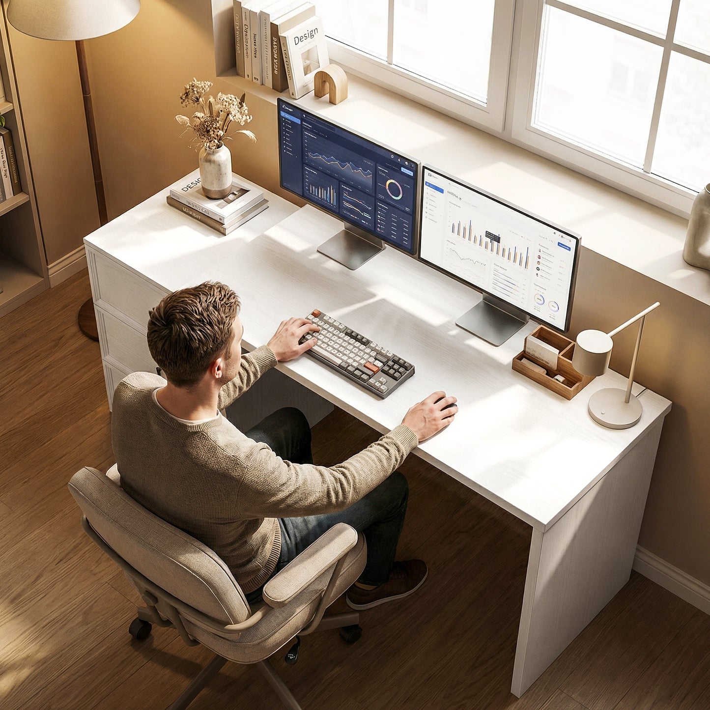 HOMCOM L Shaped Computer Desk with 3 Drawers, 163 x 39 cm Corner Desk, Thick Tabletop, Office Table, White Wood Effect