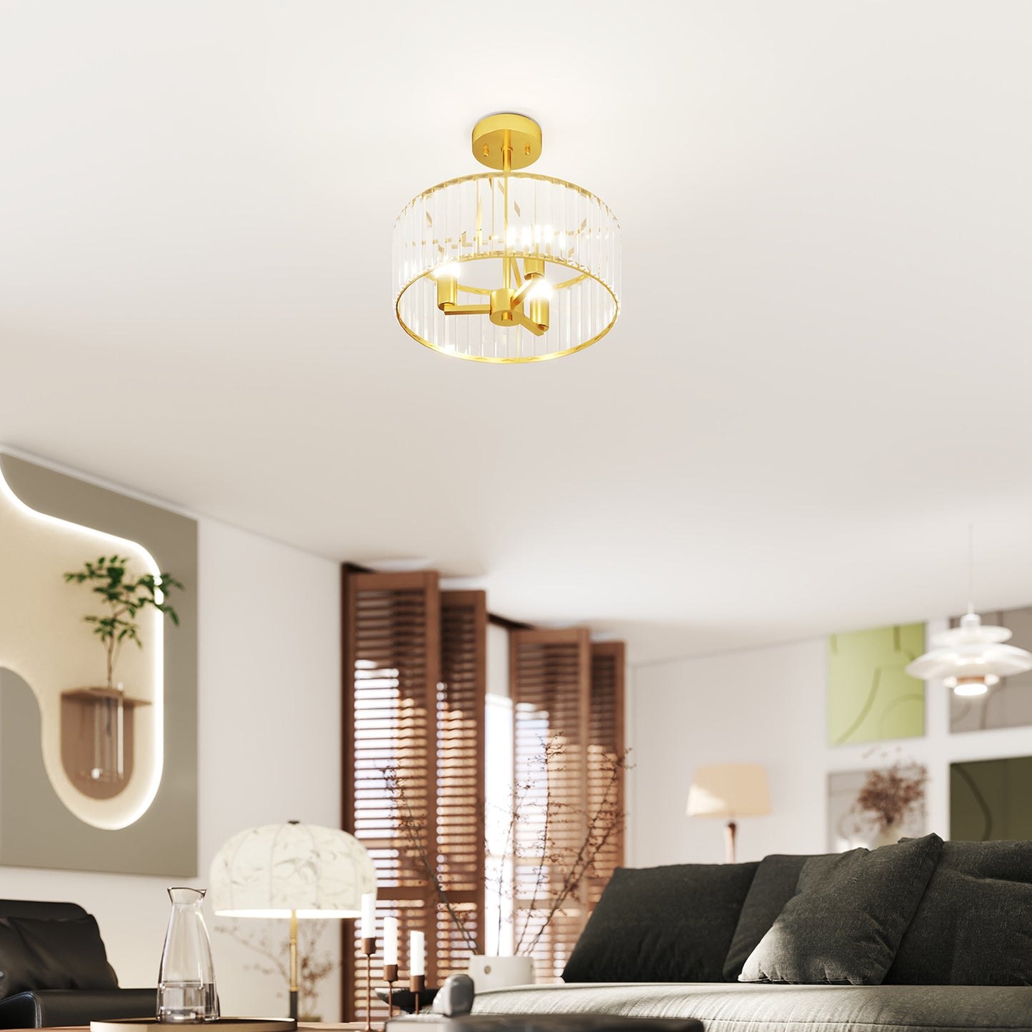 HOMCOM Crystal Ceiling Light Fixture, Semi Flush Mount Chandelier for Living Room, Bedroom, Hallway, Dining Room, E14 Base, 3-Lights, Gold Tone