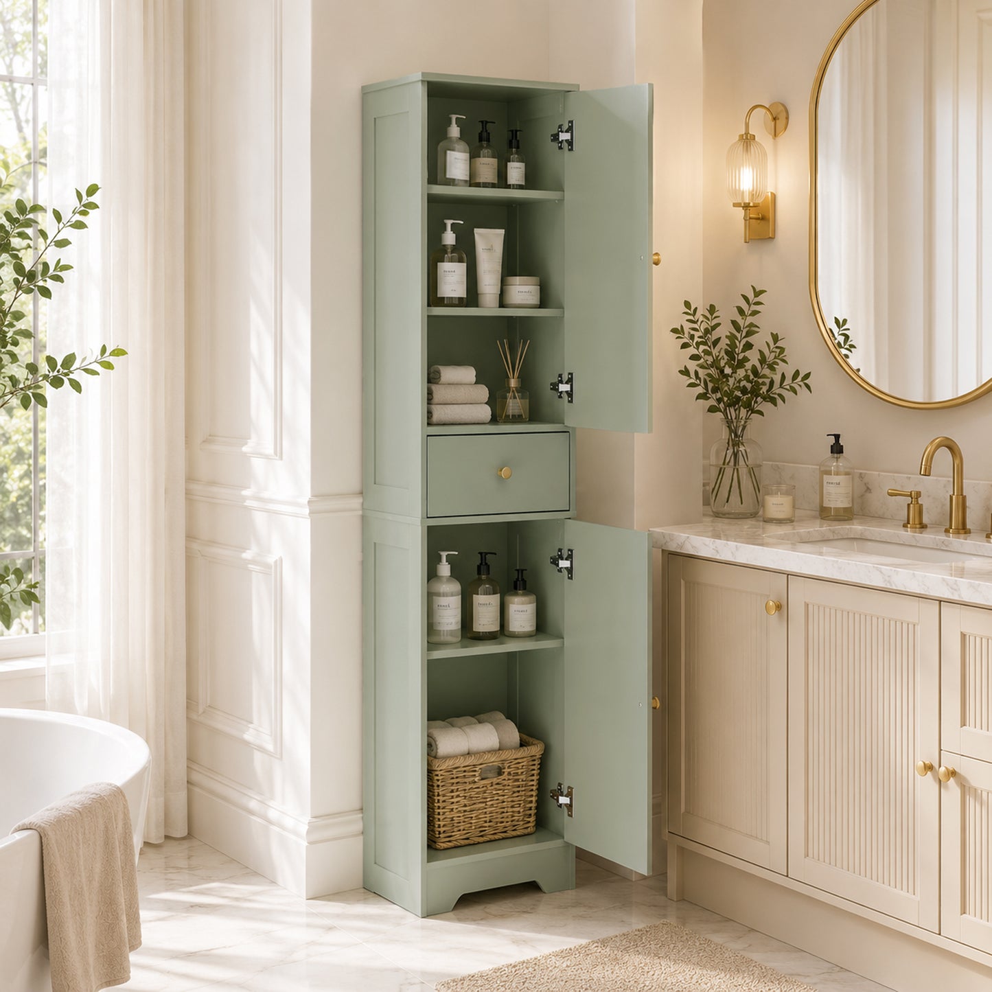 HOMCOM Tall Bathroom Cabinet with Arched Doors - Light Green