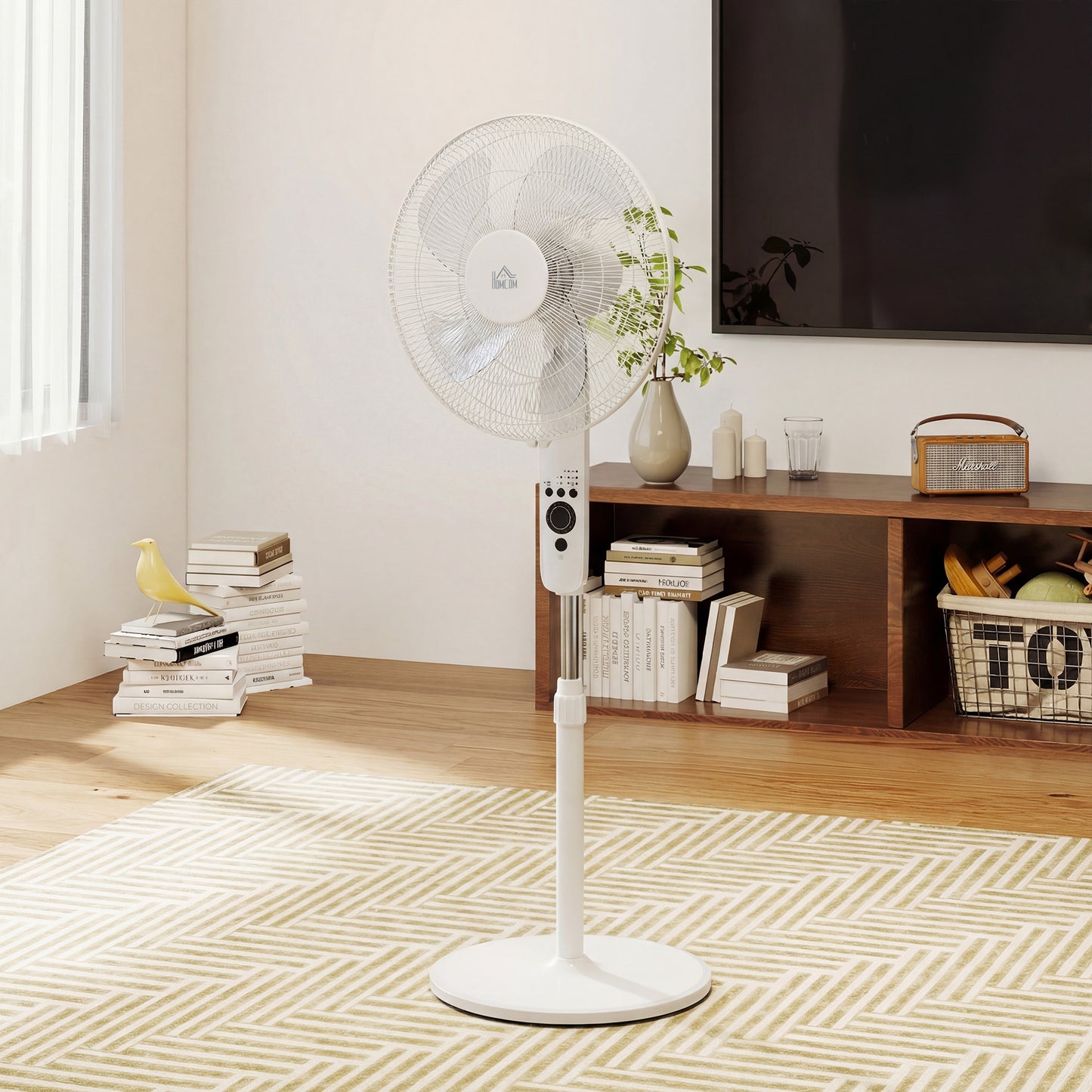 HOMCOM 18" Pedestal Fan with Sleep Mode, Oscillating Standing Fan with 3 Modes, Remote Control, Adjustable Height, White
