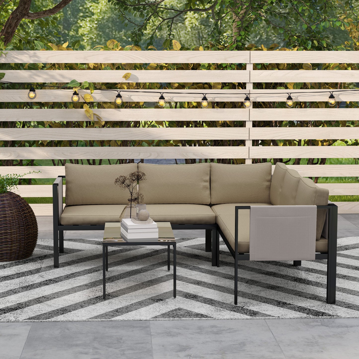 Outsunny 4 Pc Metal Garden Furniture Set w/ Glass Coffee Table, Mesh Pocket, Sofa Loveseat, Padded Cushions, Khaki