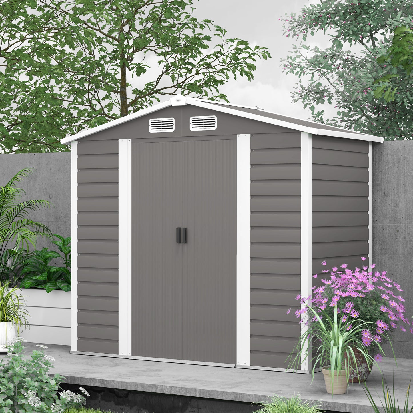 Outsunny Garden Shed, 7x4ft Galvanised Steel Frame, Double Doors with Lock, Vents & Gloves, Foundation Kit Included, Light Grey