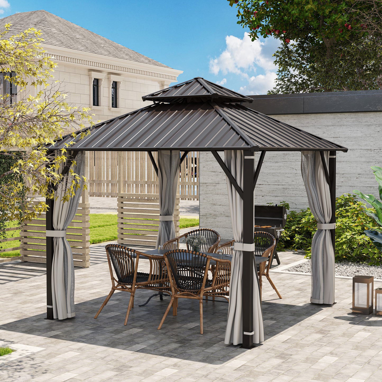 Outsunny Hardtop Gazebo Canopy, 3x3m, Double Metal Roof, Permanent Pavilion with Netting and Curtains, Easy Assembly, Black
