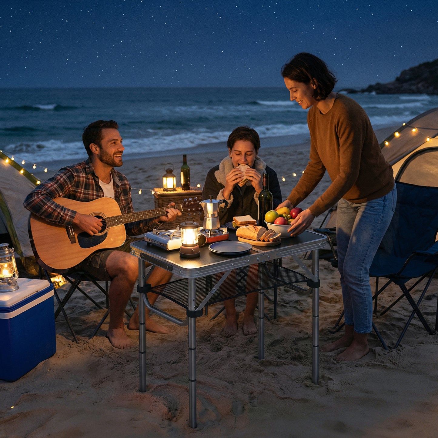 Outsunny 2ft Folding Camping Table, Picnic Table with Mesh Storage Layer, 4 Adjustable Heights and Carrying Handle