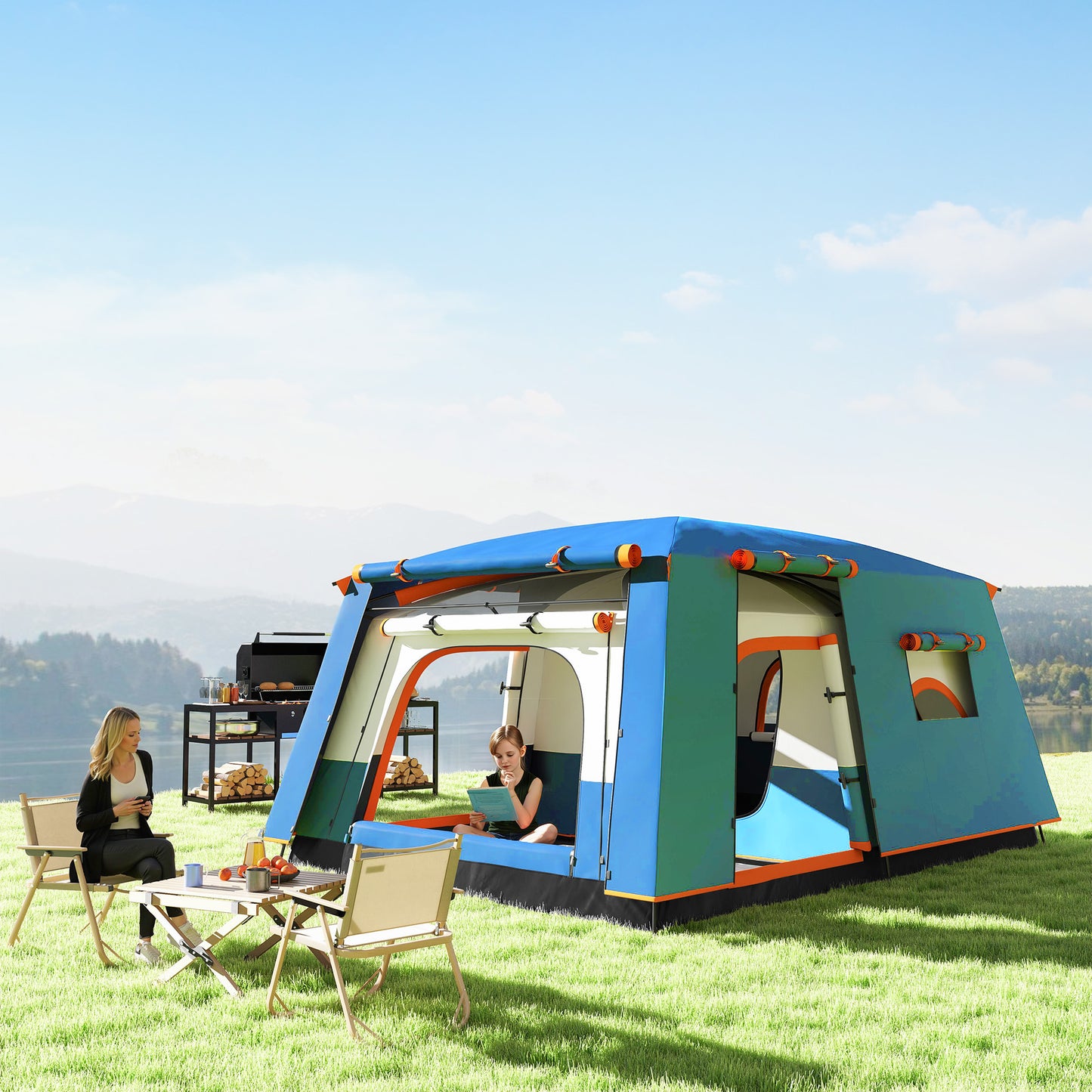 Outsunny 4-6 Man Double Layer Tunnel Tent with Porch, Living Area, 2 Bedrooms, Sewn-in Groundsheet, 3000mm Waterproof, UPF 30+, Portable, Blue