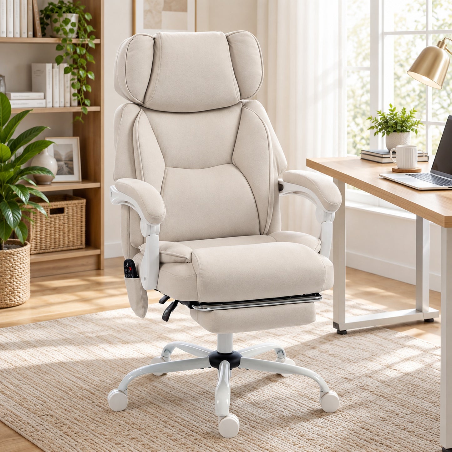HOMCOM Office Chair with Massage, Heat, Adjustable Headrest, Leathaire Reclining Desk Chair with Footrest, Cream White