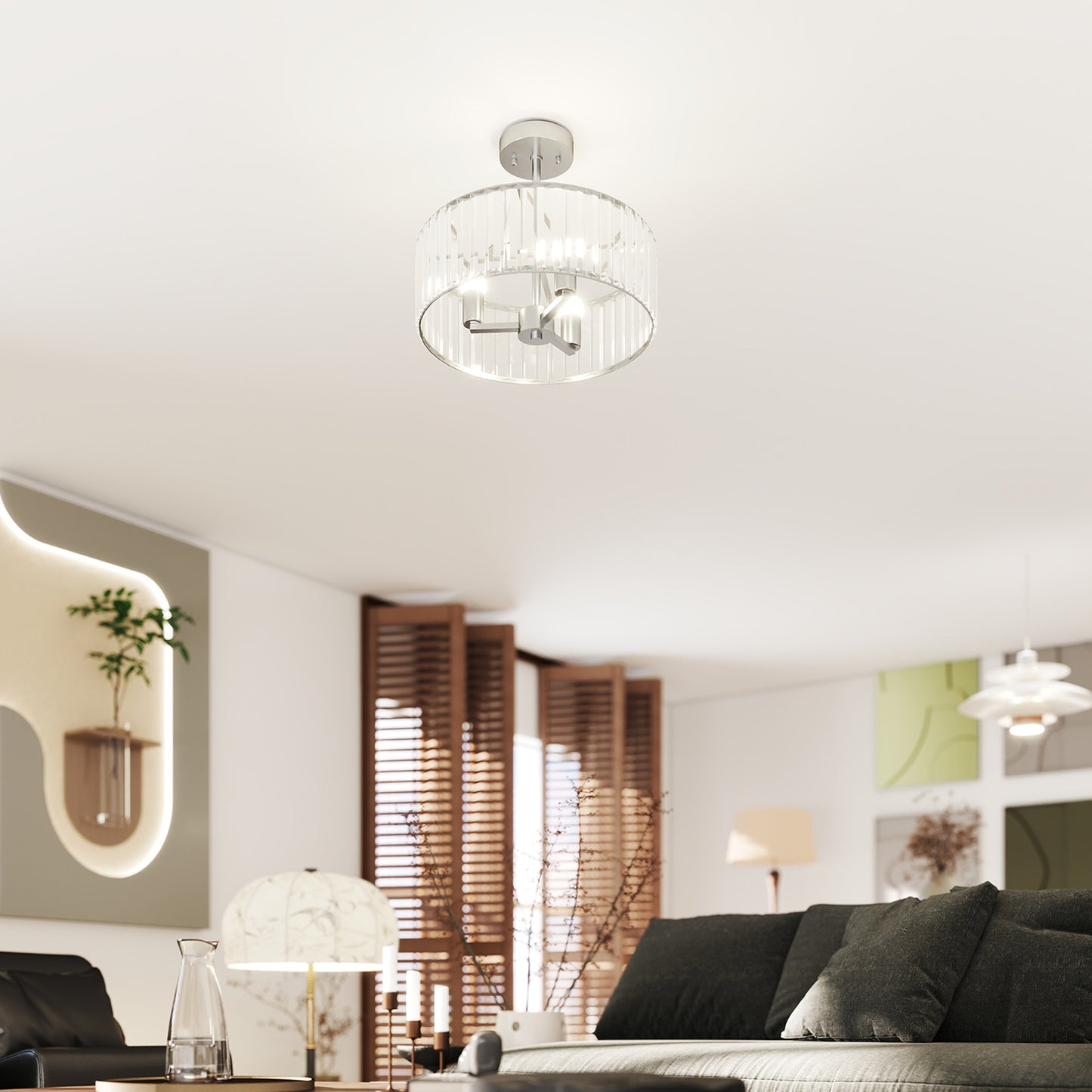 HOMCOM Crystal Ceiling Light Fixture, Semi Flush Mount Modern Chandelier for Living Room, Bedroom, Hallway, Dining Room, E14 Base 3-Lights, Silver Tone