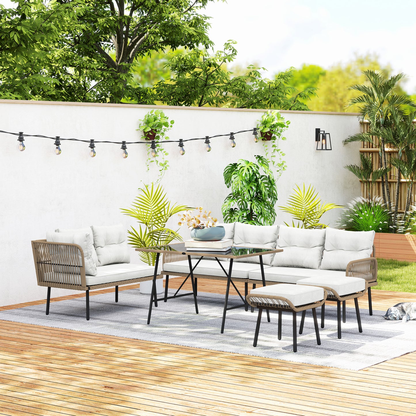 Outsunny 6 Piece Rattan Garden Furniture Set, 8 Seater Corner Sofa with Cushions and Glass Top Table, Outdoor Conservatory Set, Cream White
