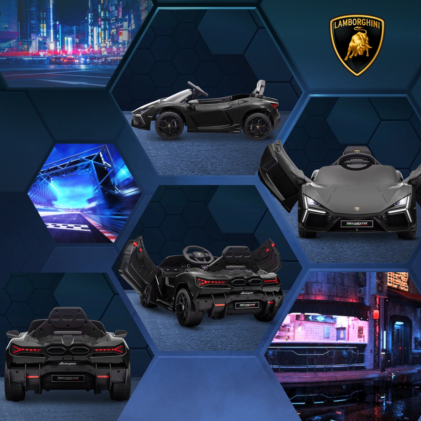 AIYAPLAY Lamborghini Revuelto Licensed 12V Ride on Car w/ Butterfly Doors Training Wheels, Suspension, Remote Control Black