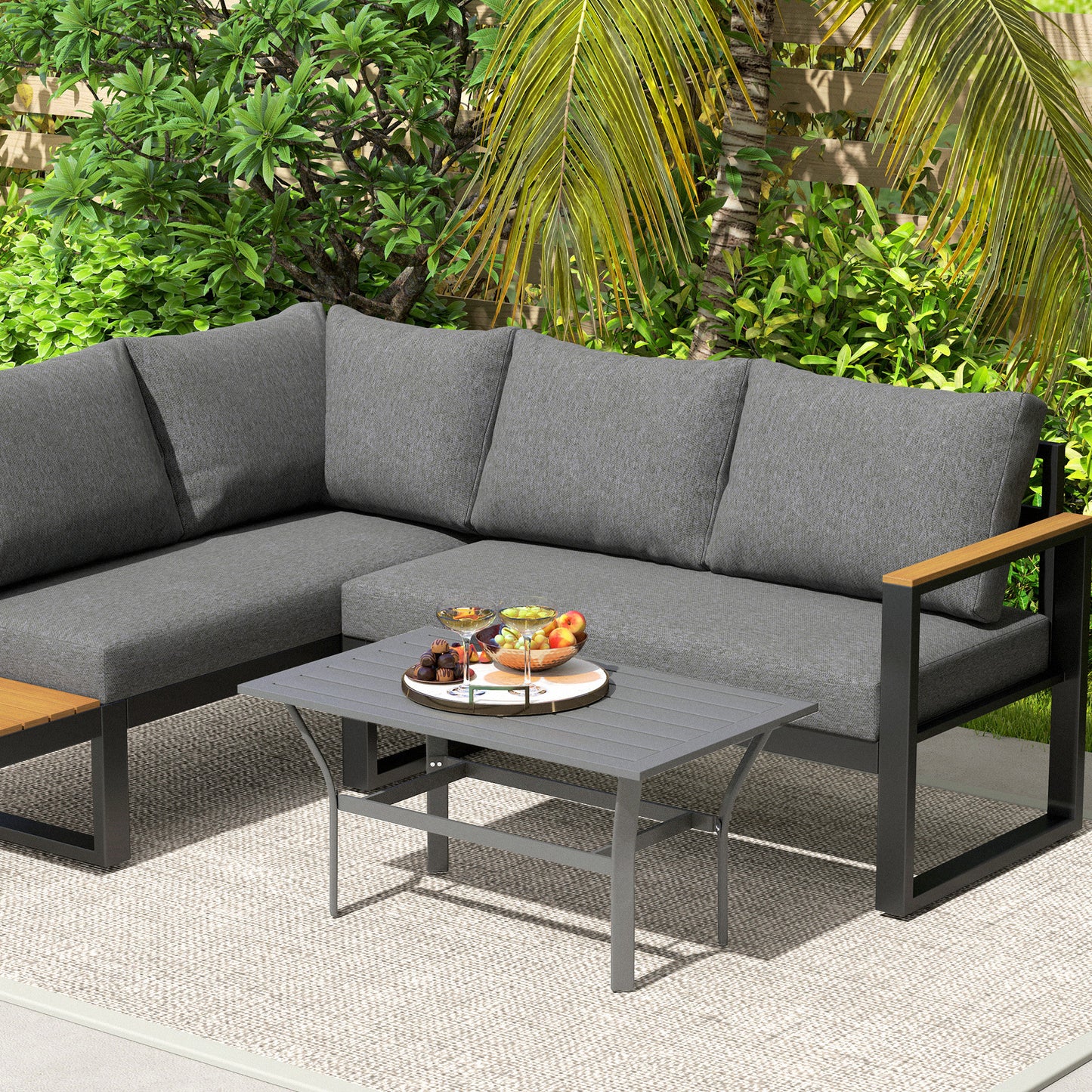 Outsunny Metal Garden Coffee Table, Rectangular Outdoor Side Table with Slatted Top, Foot Pads, 91.5x55x45cm, Dark Grey