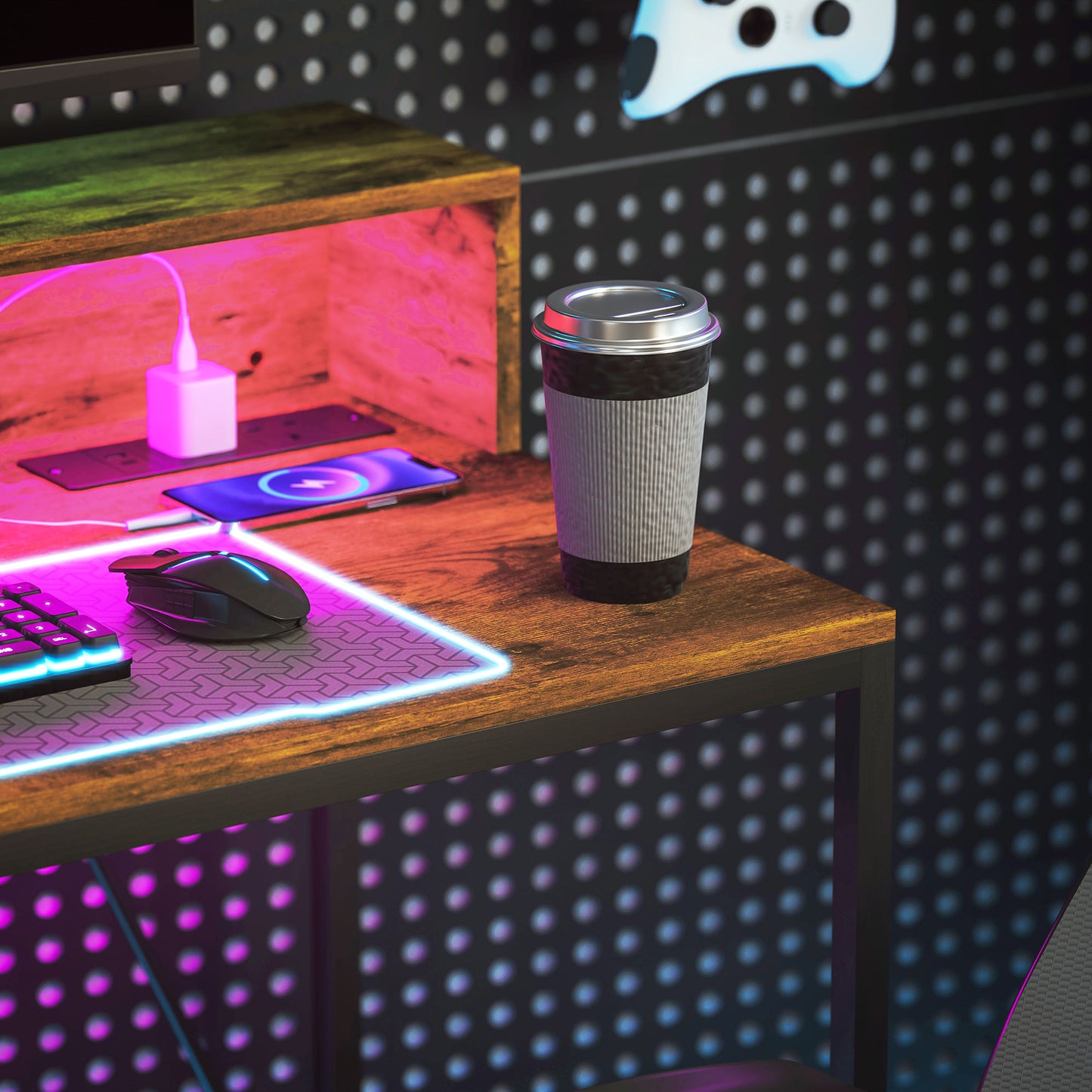 HOMCOM Gaming Desk with LED Lights, Monitor Stand, Power Outlets, Rustic Brown