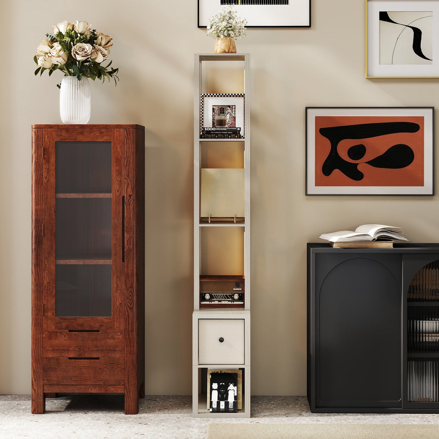 HOMCOM Floor Lamp with Shelves, LED Column Modern Standing Lamp, Adjustable Brightness, Foot Switch, Fabric Drawer, Oak