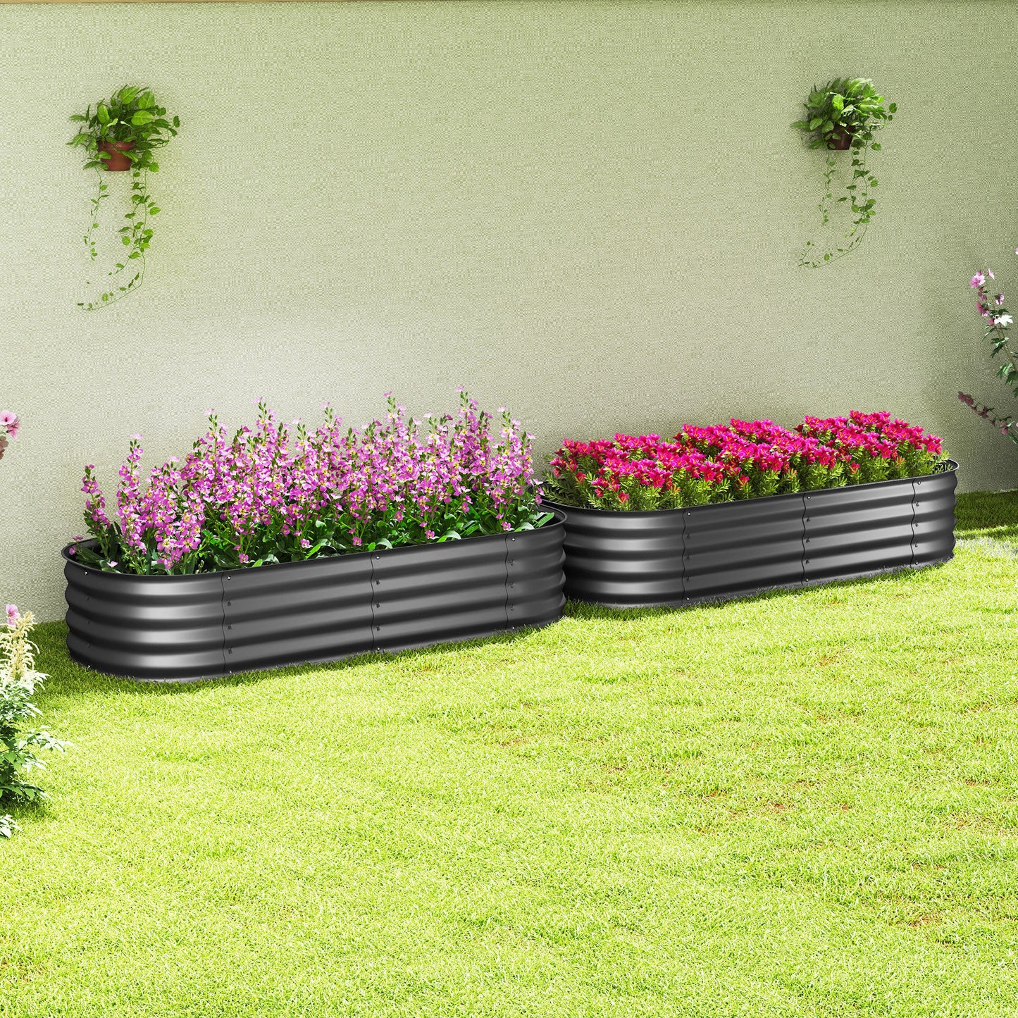 Outsunny Galvanised Raised Garden Bed, Metal Planter Box with Safety Edging, for Flowers, Herbs, Succulents, Pack of 2, Dark Grey