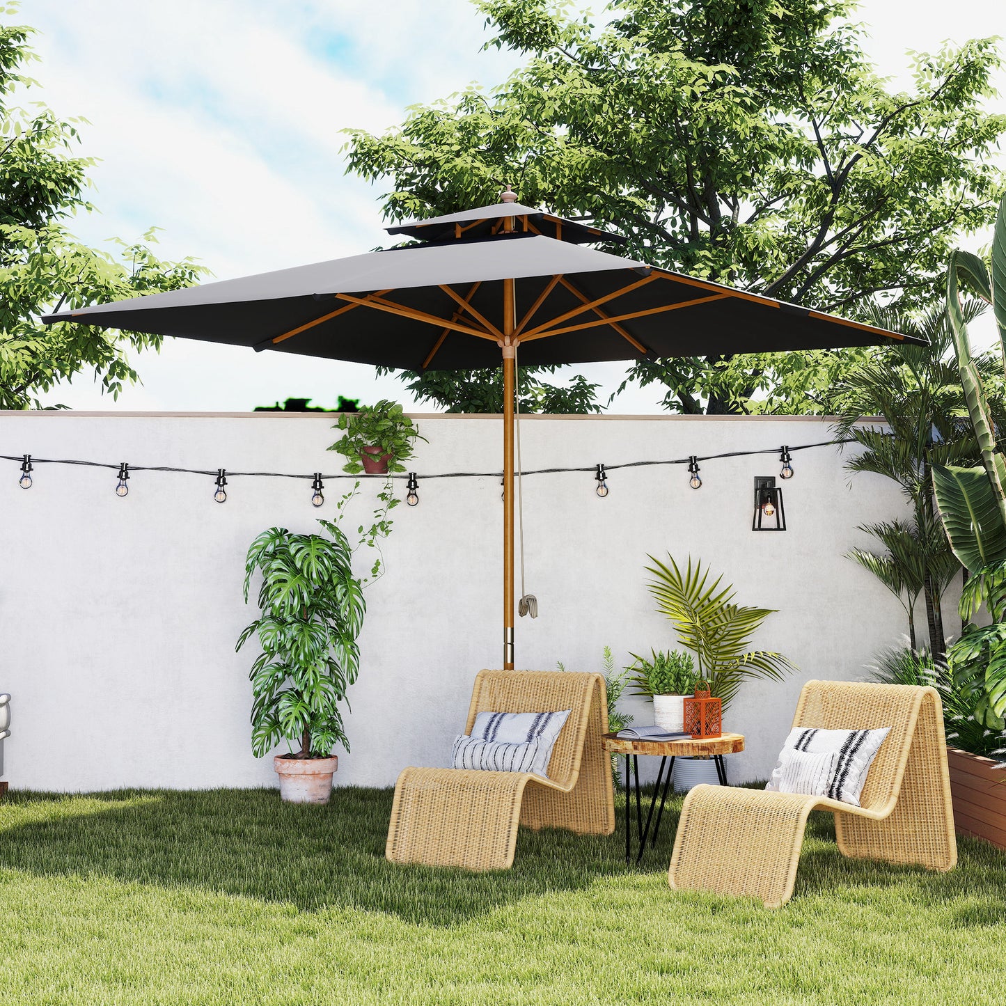 Outsunny 3x3(m) Garden Sun Umbrella with Double Tier - Black