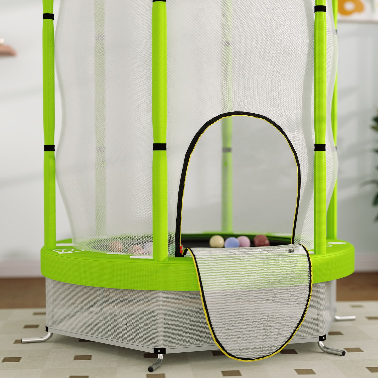 AIYAPLAY 4.6FT Toddler Trampoline w/ Safety Enclosure Net, for Indoor Outdoor Use, Ages 3-6 Years, Cloud Pattern - Green