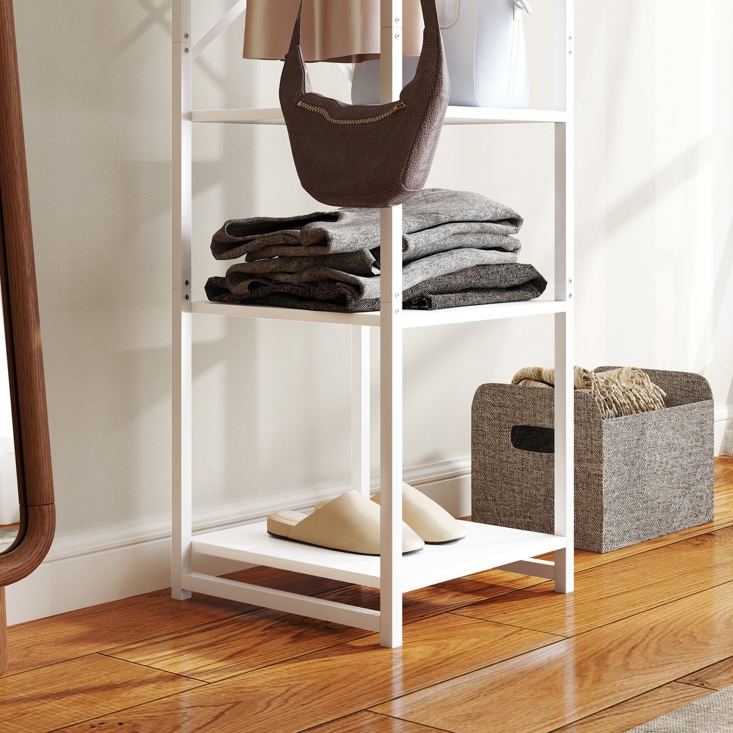 HOMCOM Clothes Rail with Storage Shelf and Hooks, Freestanding Clothes Rack for Entryway, Living Room, Bedroom, White Wood Grain