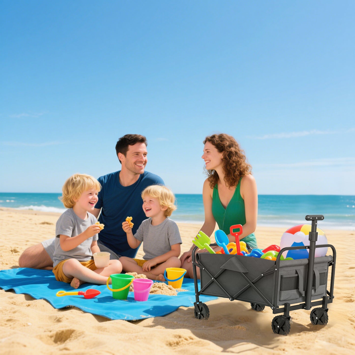 Outsunny Festival Trolley, 62L Heavy Duty Folding Wagon, 120kg Capacity with Adjustable Handle and Carry Bag for Beach/Camping, Grey
