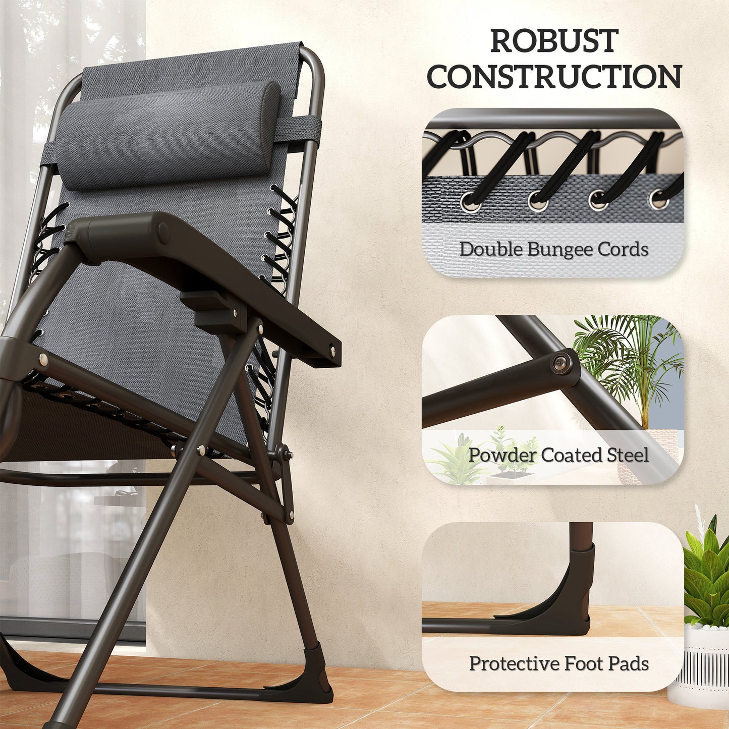 Outsunny Zero Gravity Chairs Set of 2, Folding Sunloungers Reclining Garden Chairs with Cup Holder, Headrest, Dark Grey