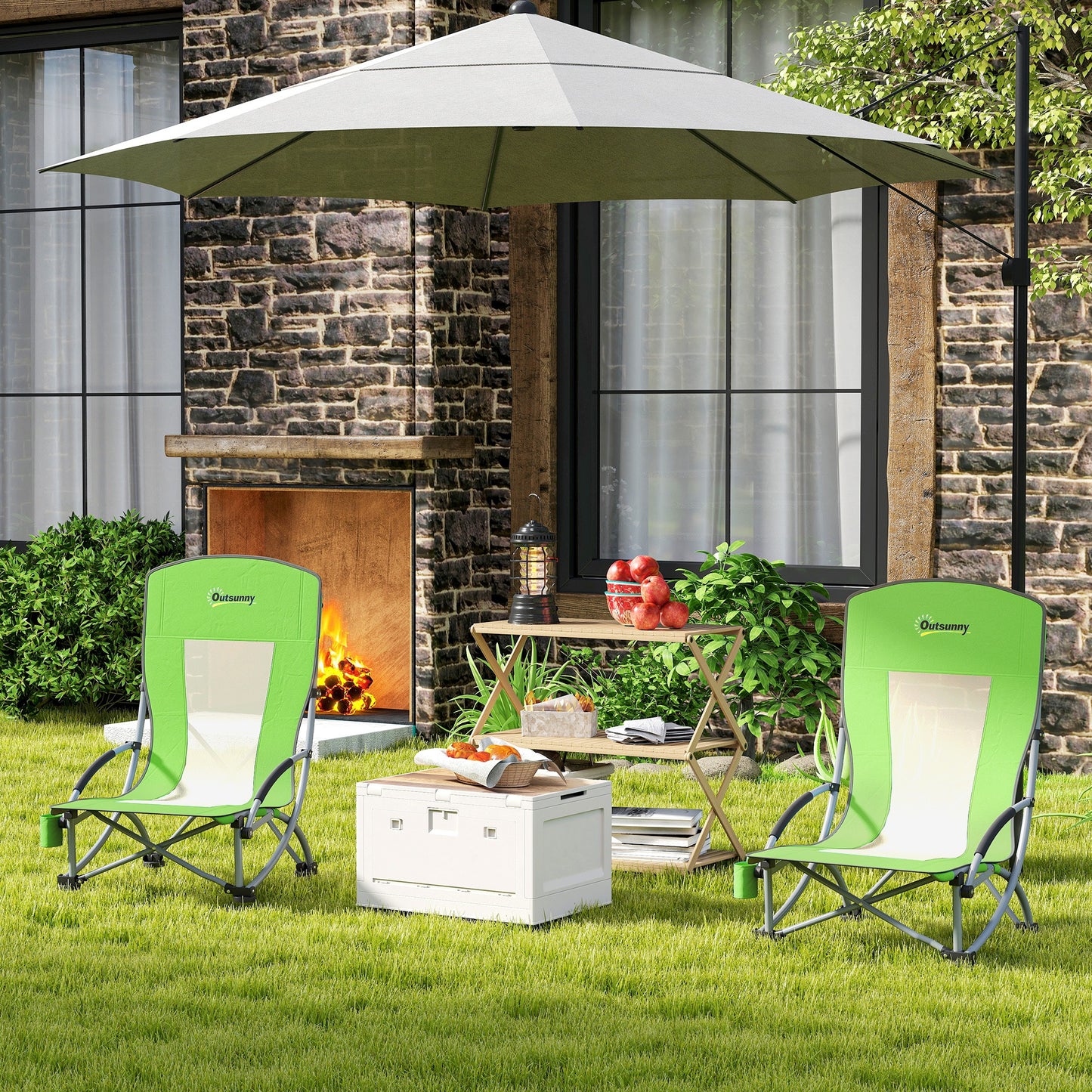 Outsunny Set of 2 Folding Beach Chair, Low Camping Chair with Mesh Back, Carry Bag and Cup Holder for Garden Outdoor Picnic Festival Travel, Green