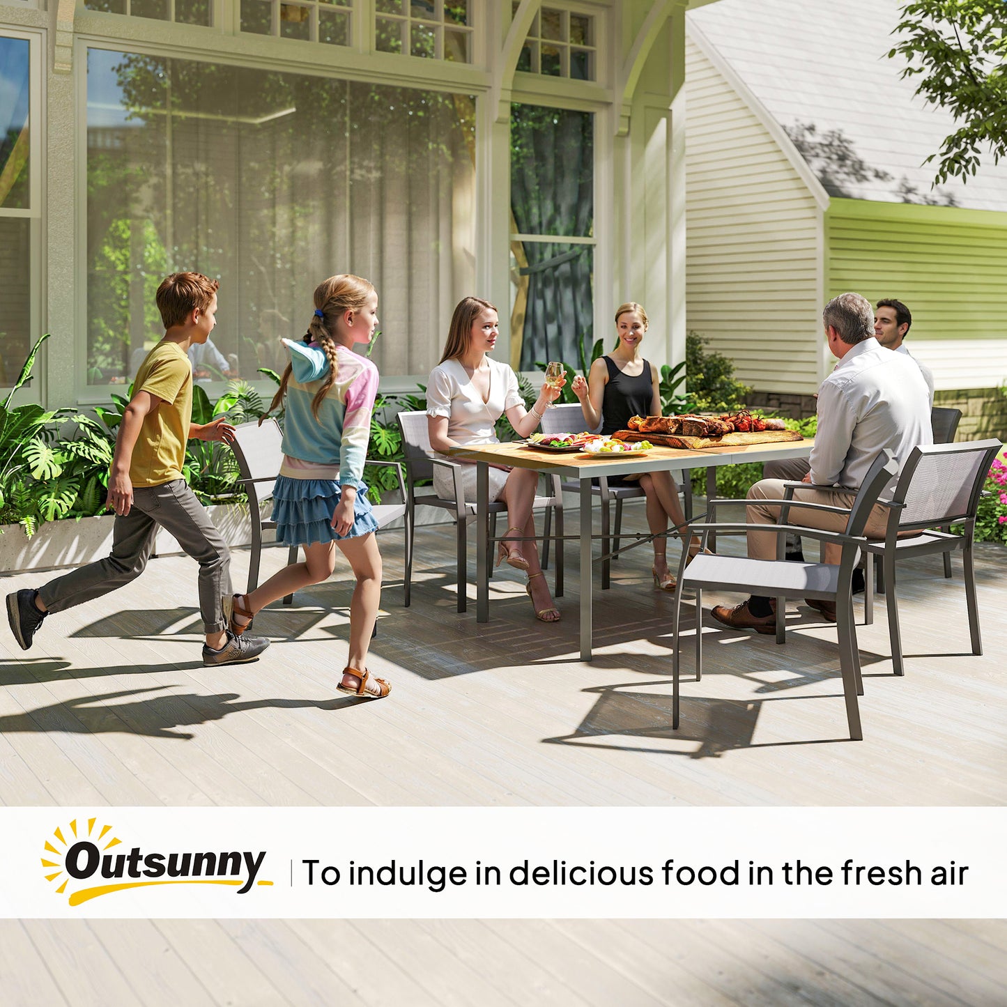 Outsunny Garden Table for 6, Outdoor Dining Table, Wood Effect Top, Rust Resistant Frame, 5cm Umbrella Hole, 150 x 90 cm, for Patio, Balcony, Terrace