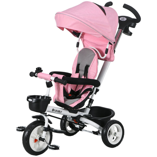 HOMCOM Metal Frame 4 in 1 Baby Push Tricycle with Parent Handle for 1-5 Years Old Pink