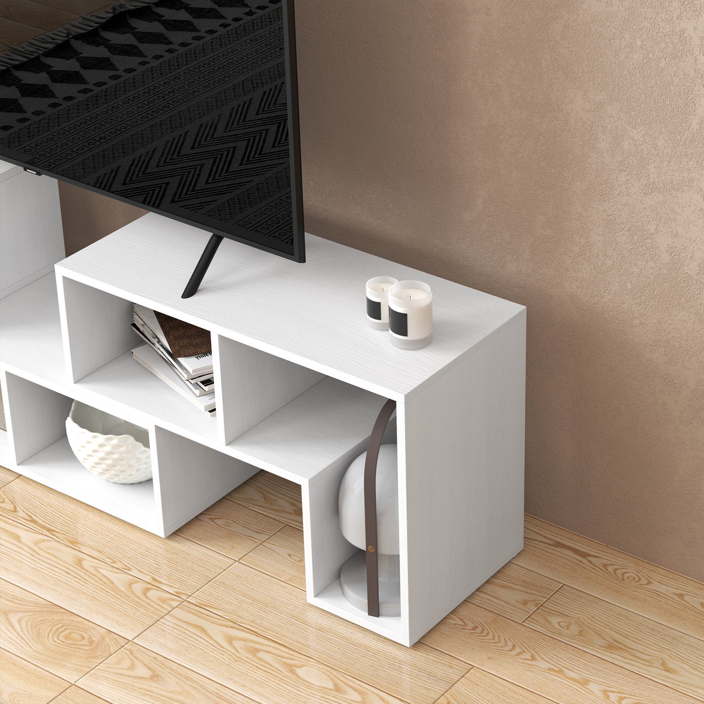 HOMCOM TV Stand for TVs up to 75", Storage Shelves, Extendable Unit, White Wood Grain