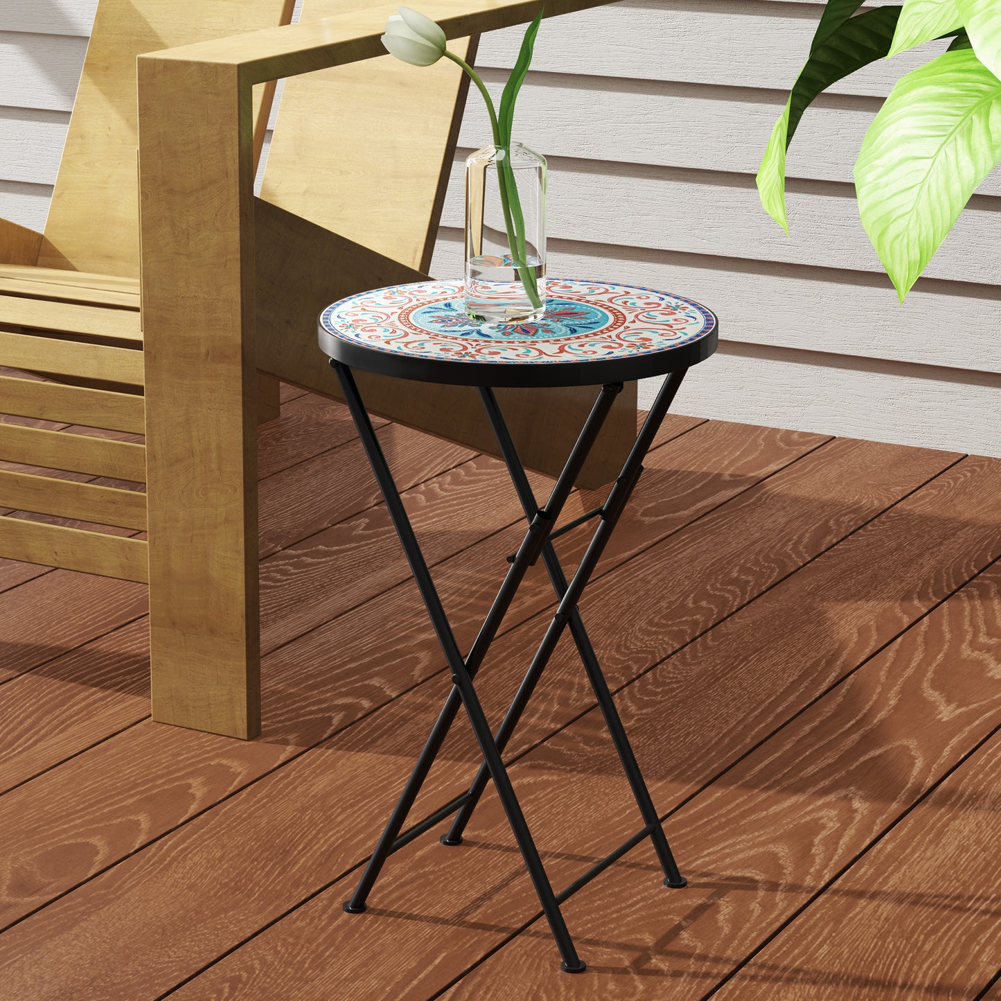 Outsunny Mosaic Garden Table, 35.5cm Round Folding Coffee Table with Metal Frame, Indoor Outdoor Table for Balcony Terrace, Multicolour