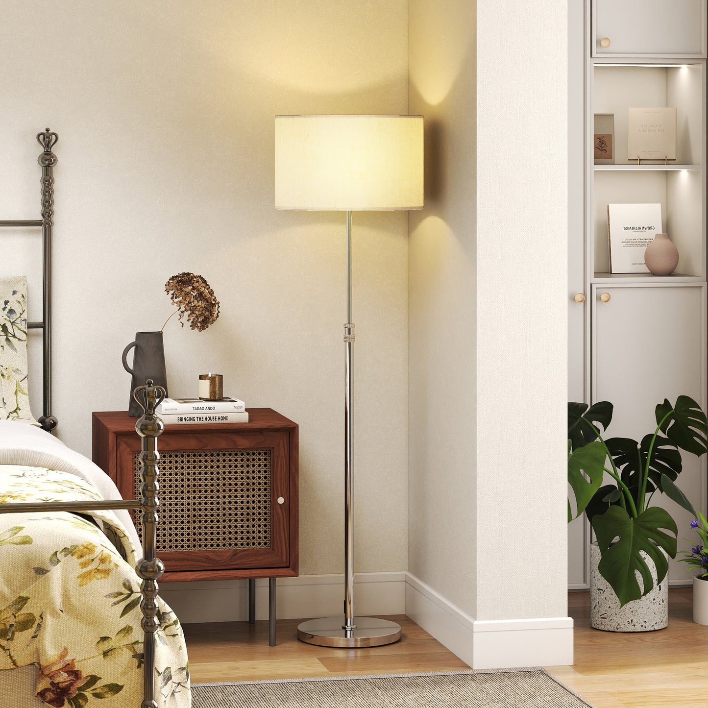 HOMCOM Floor Lamp with Remote, Height Adjustable, Linen Shade, Dimmable 3000K-6000K, Foot Switch for Living Room/Bedroom/Office, Silver Tone