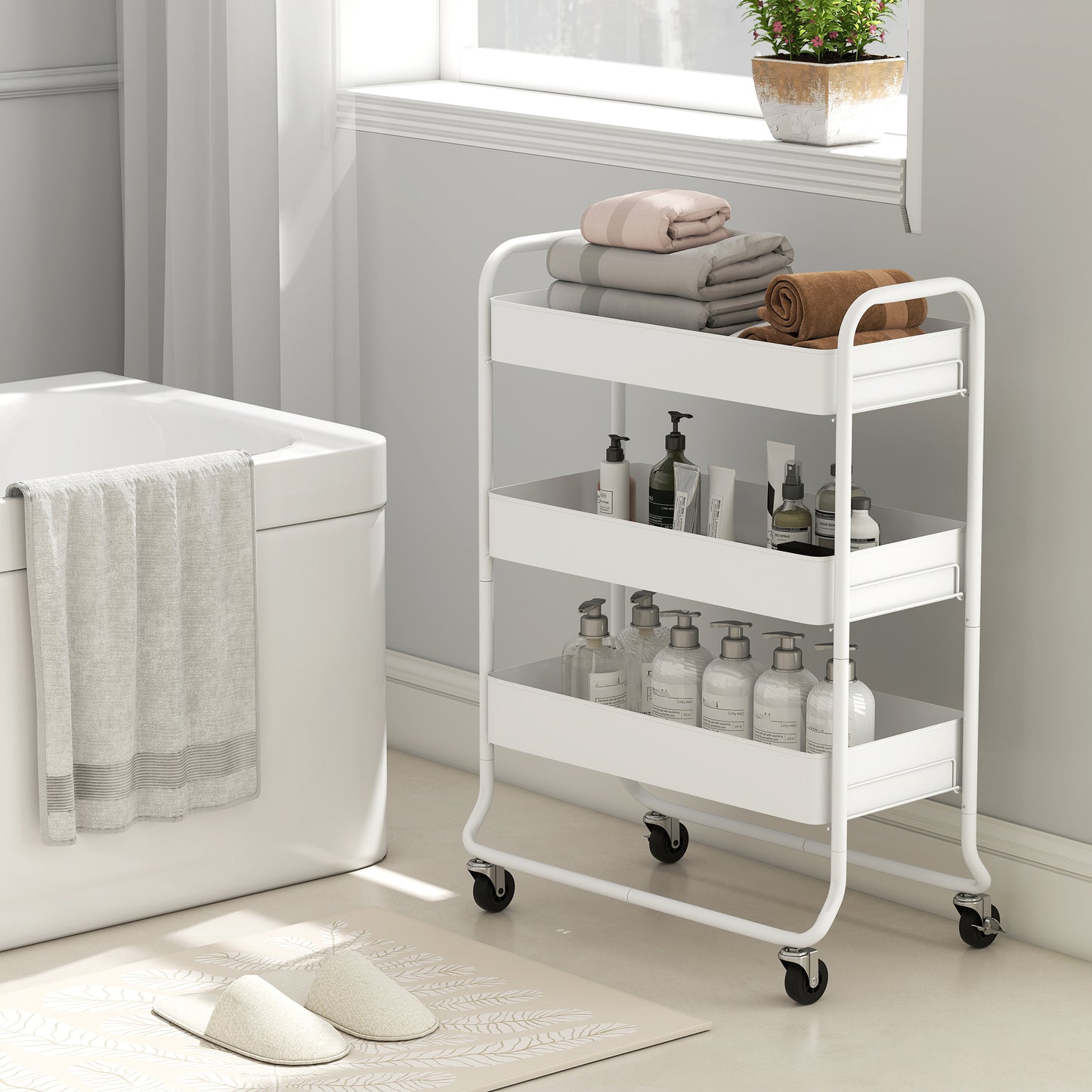 HOMCOM 3-Tier Storage Trolley on Wheels, Rolling Utility Cart with Mesh Backets for Kitchen, Bathroom, Bedroom, White