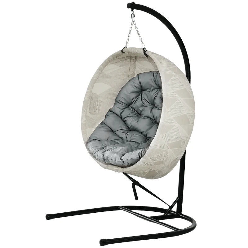 Outsunny Hanging Egg Chair Outdoor Indoor Garden Swing Chair with Folding Basket, Garden Hanging Chair with Stand, Thickened Cushion, Cup Holder for Patio, Balcony, Grey