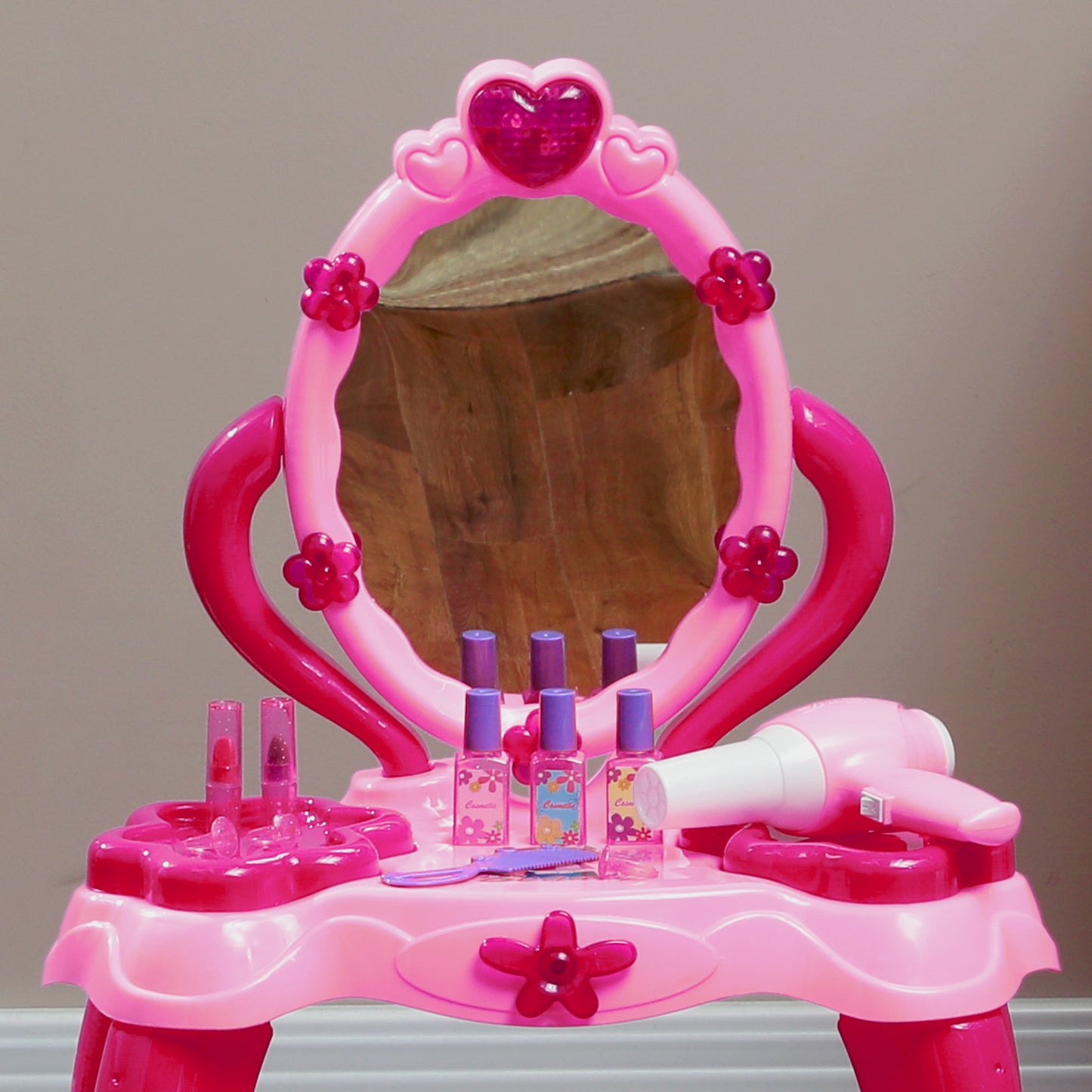 AIYAPLAY Kids Dressing Table with Mirror and Stool, Light, Music, 15 Accessories, for 3-6 Years Old, Pink