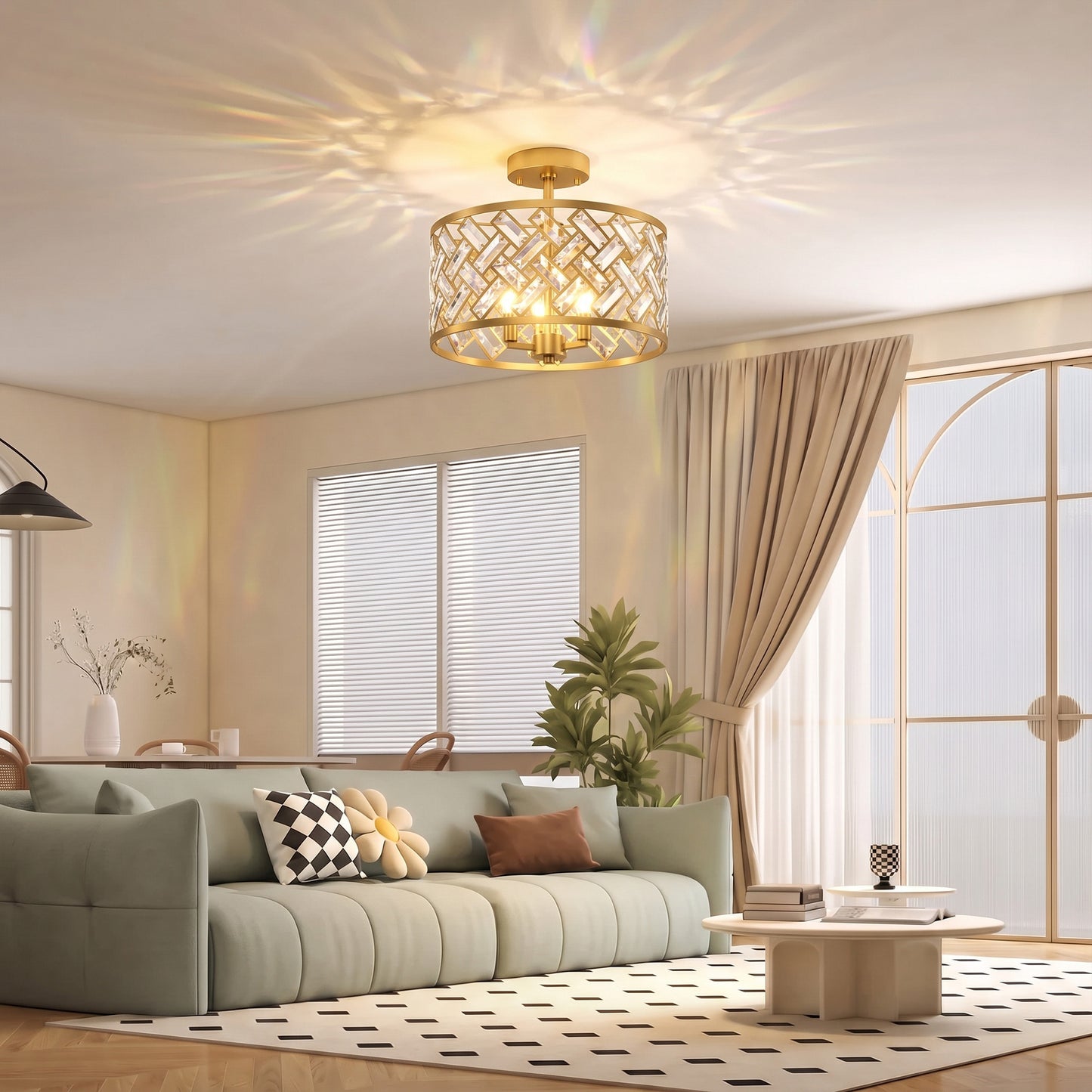 HOMCOM 3-Light Crystal Glass Ceiling Light, Modern Ceiling Lamp w/ 3 E14 Sockets for Living Room, Bulb Not Included, Gold Tone