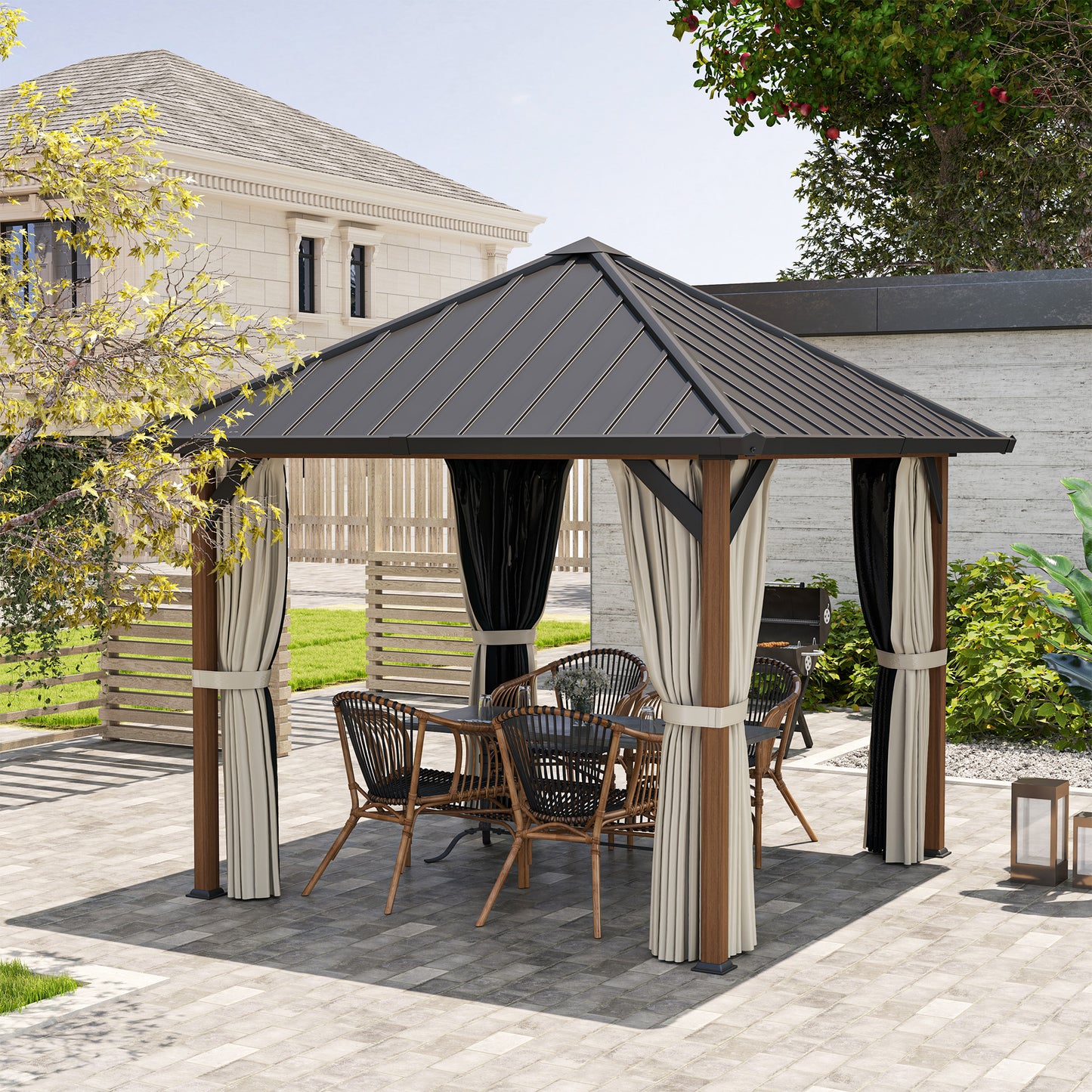 Outsunny 3x3m Hardtop Gazebo, Galvanised Steel Roof, Waterproof, Netting & Curtains, Walnut Finish
