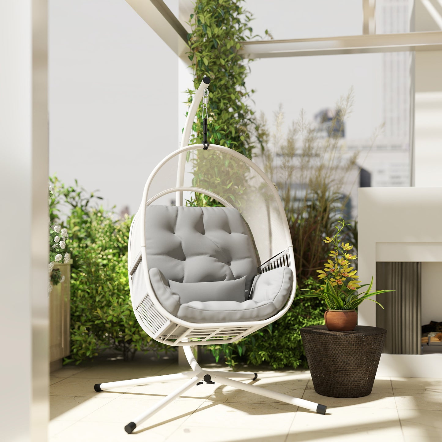 Outsunny Hanging Egg Chair, Indoor/Outdoor Swing Hammock with Stand, Cushions, Lumbar Pillow, Adjustable Height, Steel Frame, Light Grey