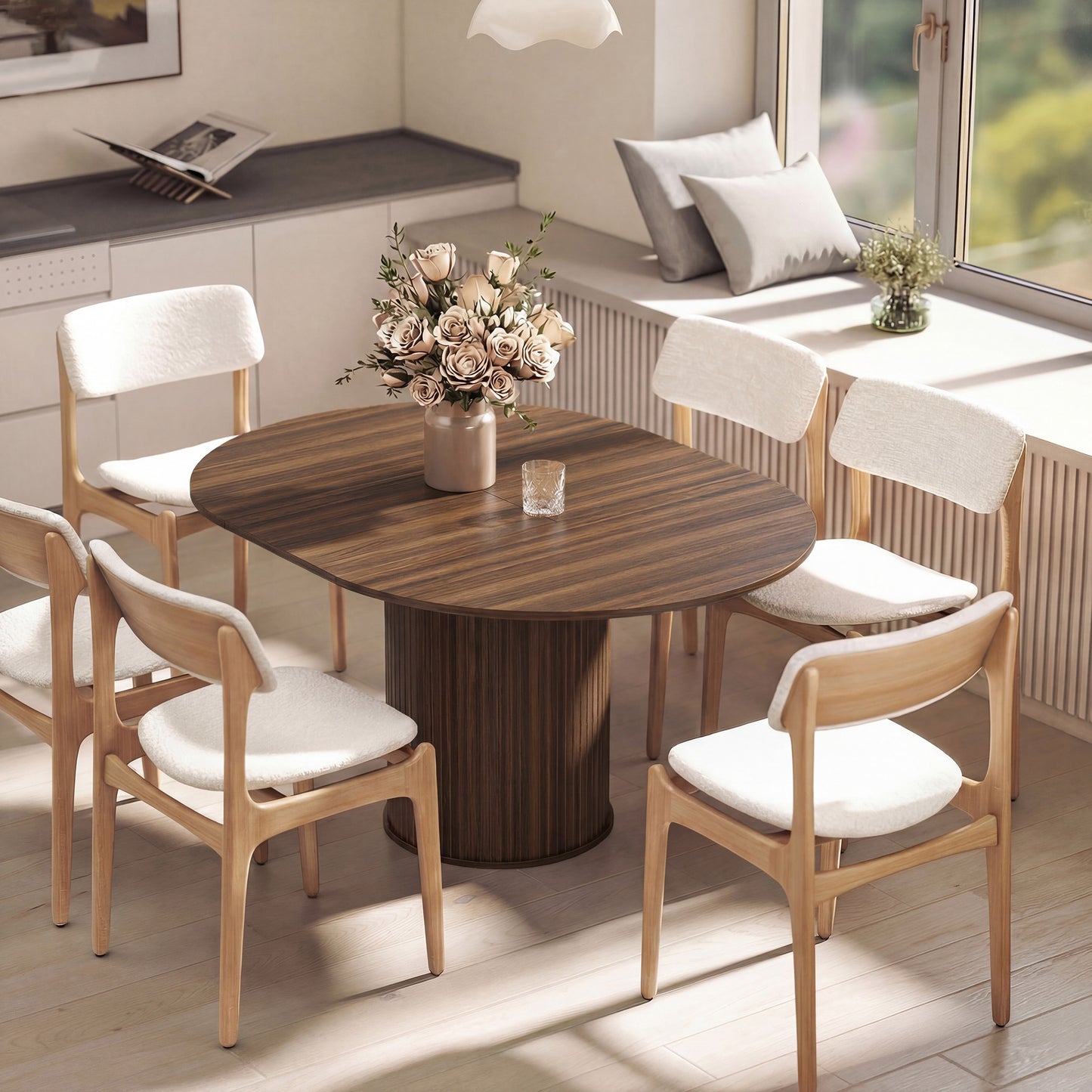 HOMCOM Extendable Round Dining Table Kitchen Table Hidden Leaf Storage Pedestal Base Seats 6-8 110-150 cm Dark Walnut