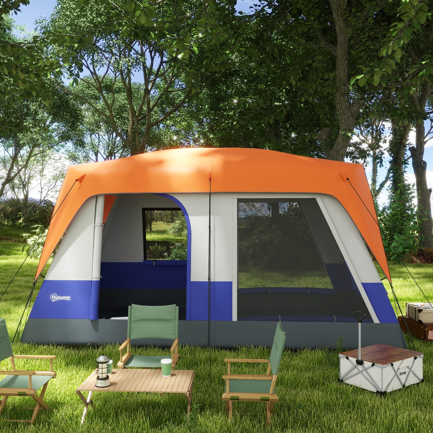 Outsunny Seven-Man Camping Tent with Small Rainfly and Accessories - Orange