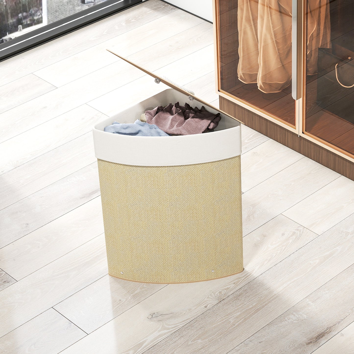 HOMCOM Bamboo Laundry Basket with Lid, 55L Corner Hamper, Removable Liner, Bathroom Triangle Basket, 35x35x60cm, Nature Wood Finish