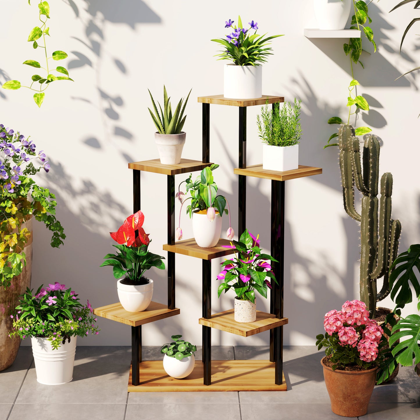 Outsunny Plant Stand: 7 Tier Indoor/Outdoor Corner Steel-Wood Shelf, Tall Display Rack for Multiple Plants, Carbonised Finish