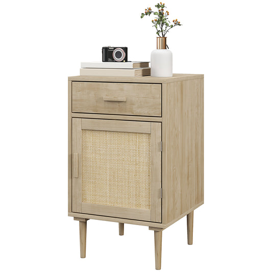 HOMCOM Rattan Bedside Table with Drawer - Natural Wood