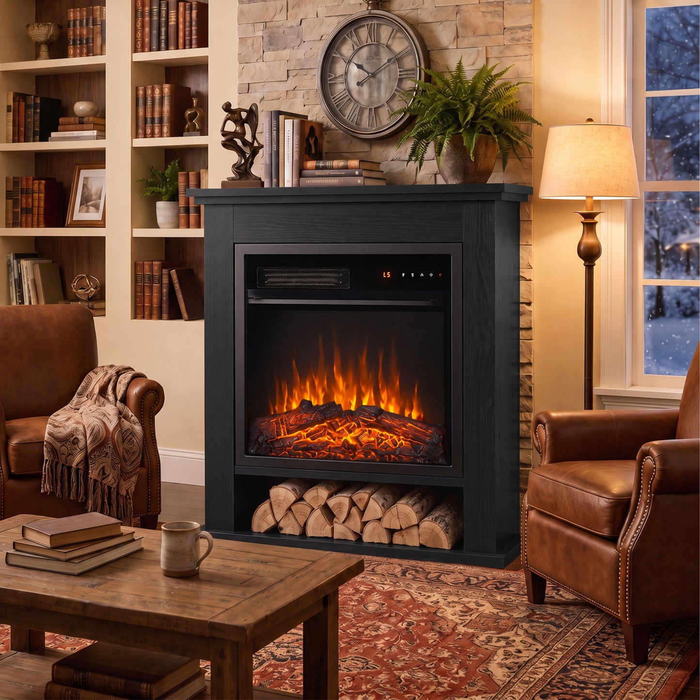 HOMCOM Electric Fireplace Suite with Shelf, 25" 1800W Electric Fire and Surround with LED Flame, 5 Brightness, Remote, Black